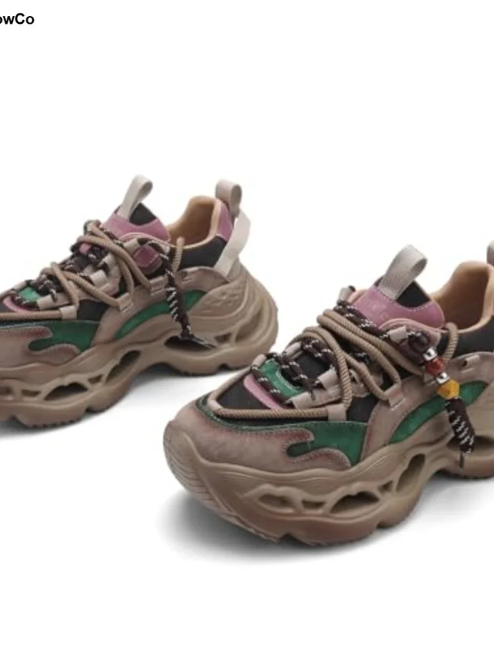 Women's Chunky Platform Sneakers Leather Suede Lace-Up Athletic Walking